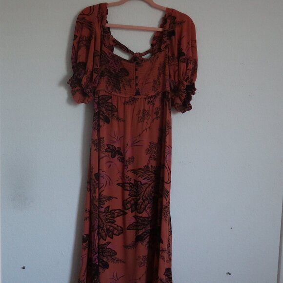 Anthropologie Puff-Sleeve Smocked Dress Midi Floral Orange Size Small - Picture 4 of 12